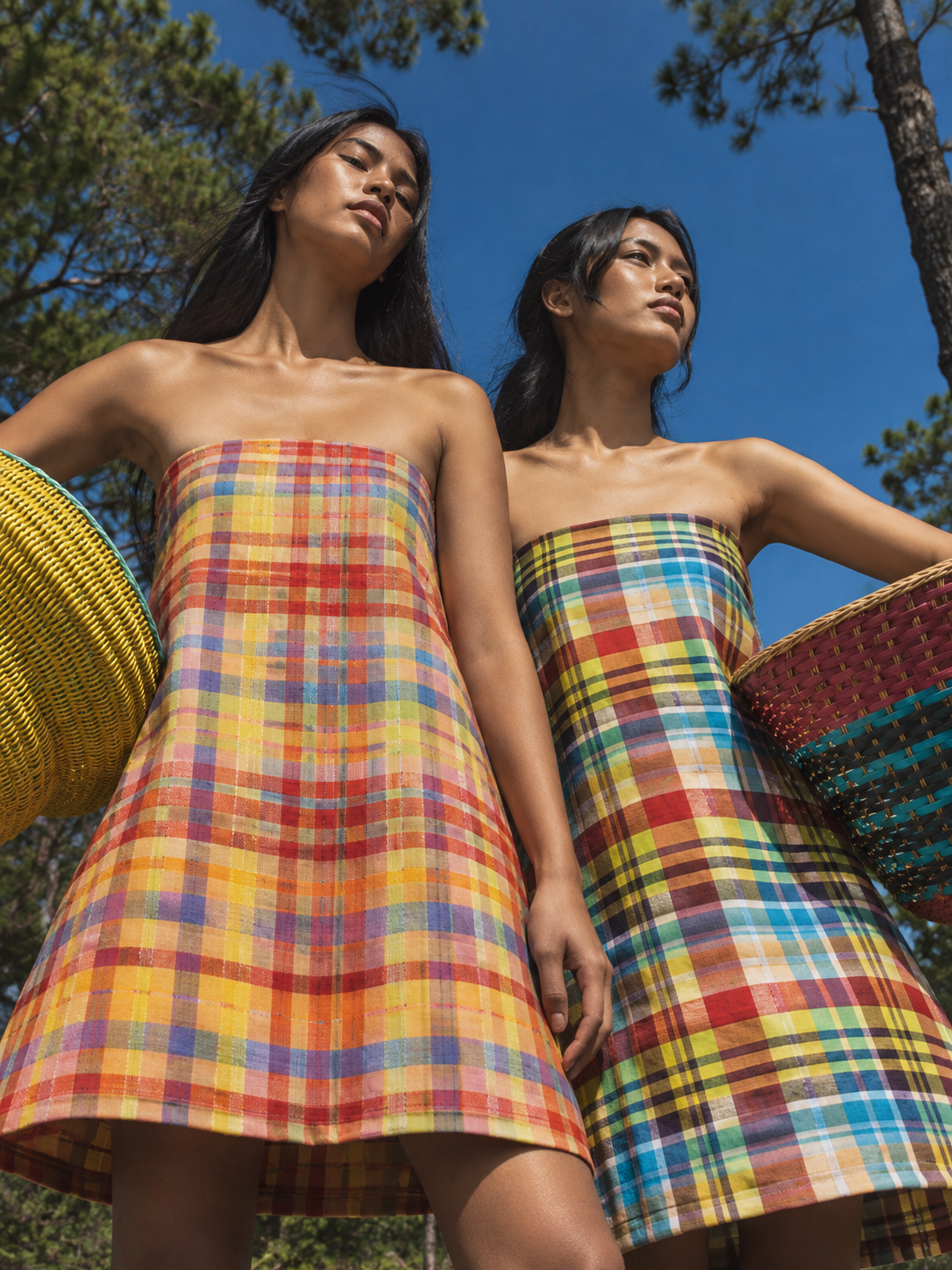 Two women wearing colorful woven dresses beneath a blue sky