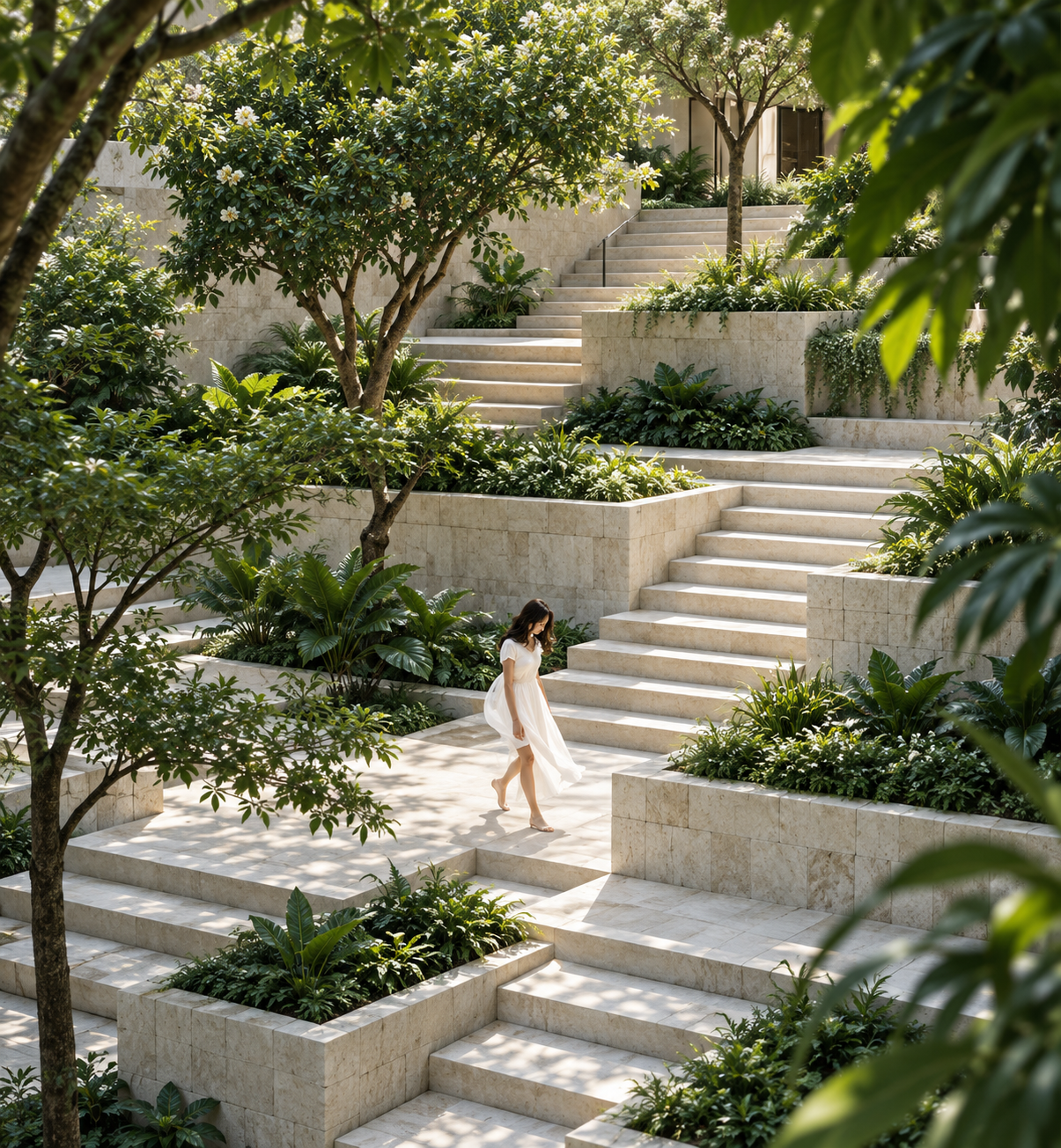 A woman walking through a serene terraced stone garden