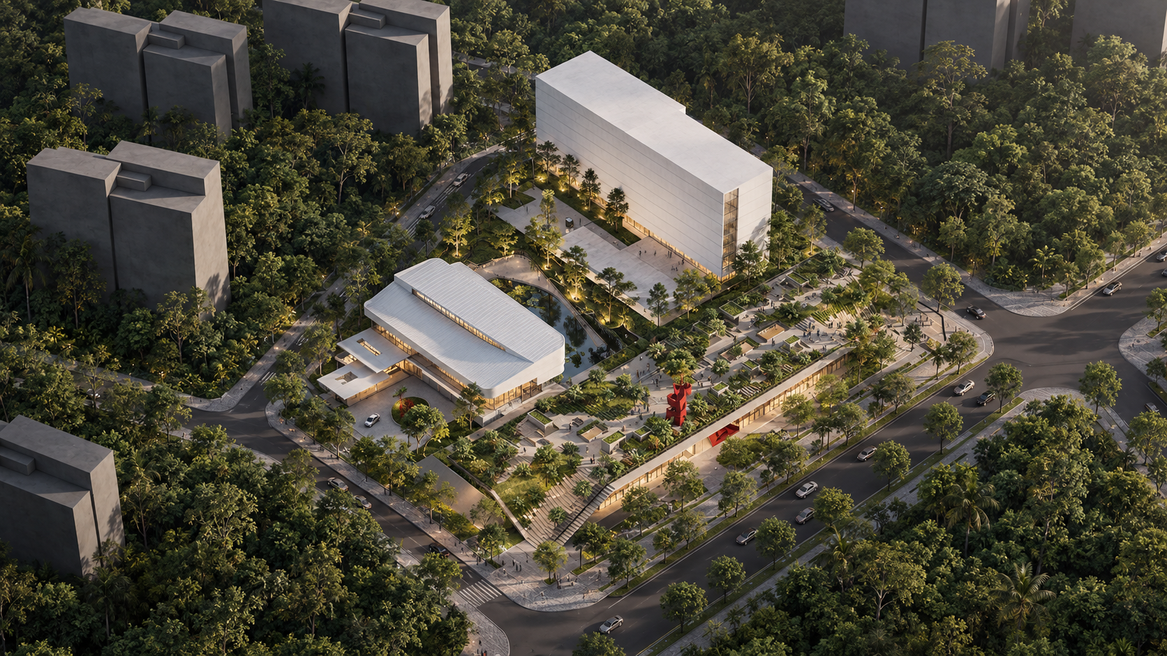 Aerial view of Citara's cultural campus set within a tropical urban forest