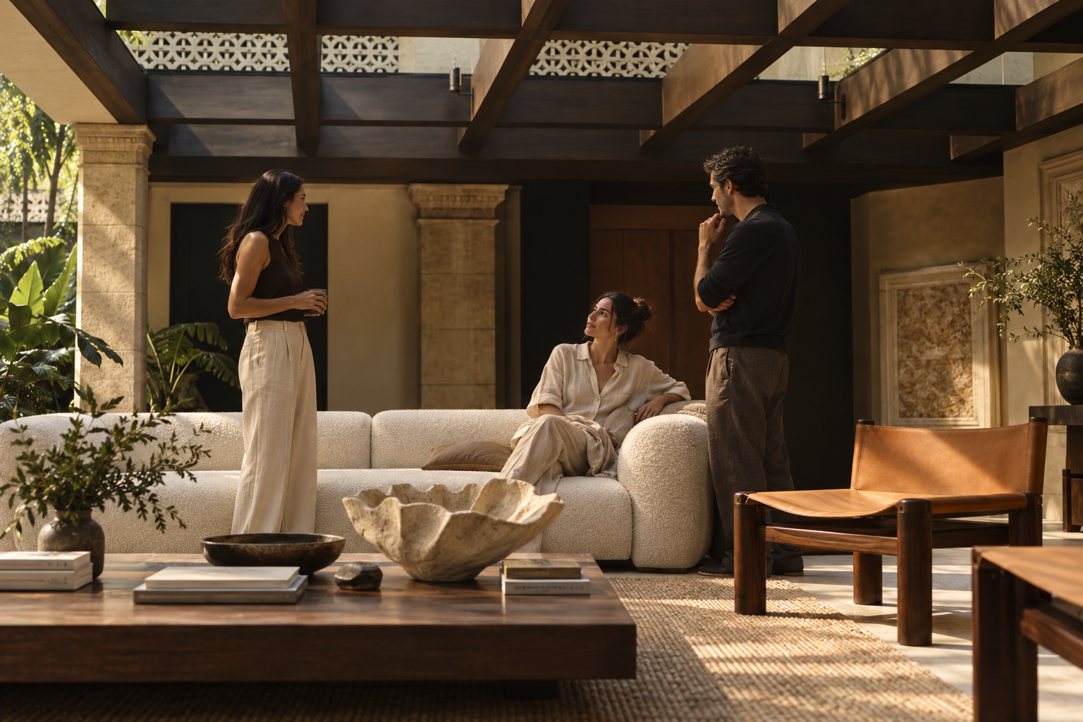 Friends gathered in a warm contemporary tropical living room
