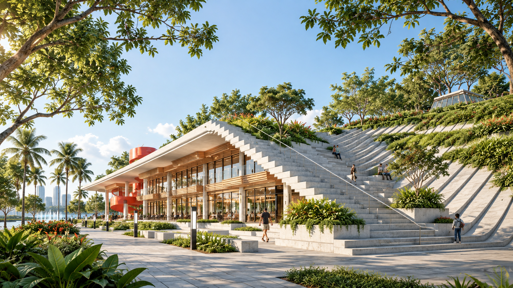 A landscaped public plaza and amphitheatre beside a contemporary pavilion